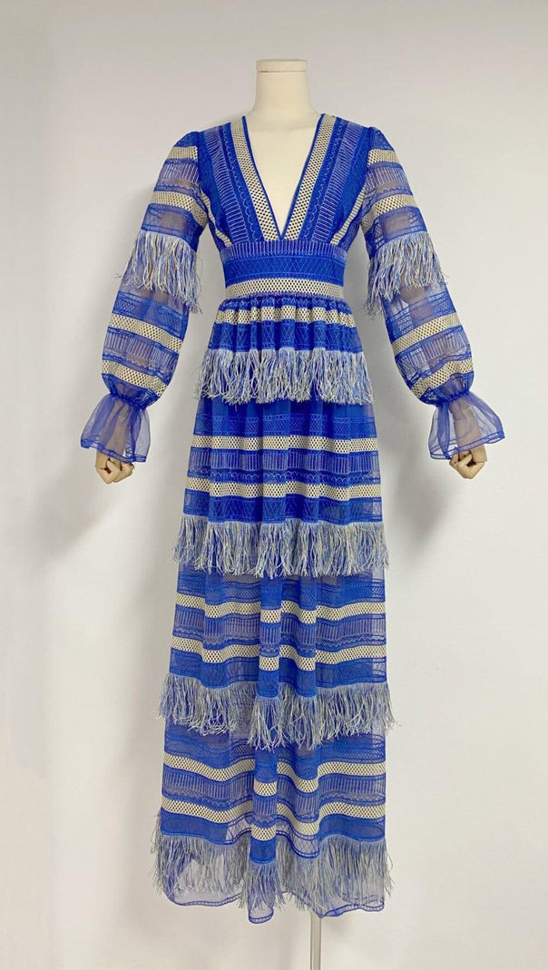 AIIZIE DEEP V TASSEL BLOUSON SLEEVES MAXI DRESS IN BLUE - product image