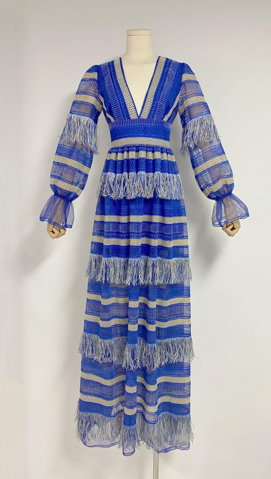 DEEP V TASSEL BLOUSON SLEEVES MAXI DRESS IN BLUE