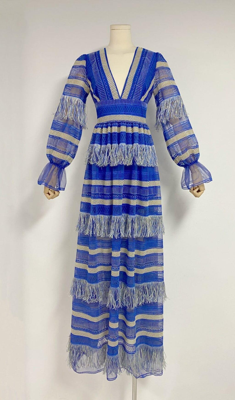 DEEP V TASSEL BLOUSON SLEEVES MAXI DRESS IN BLUE