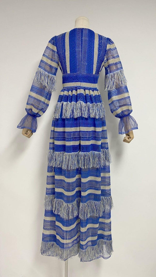 AIIZIE DEEP V TASSEL BLOUSON SLEEVES MAXI DRESS IN BLUE - product image
