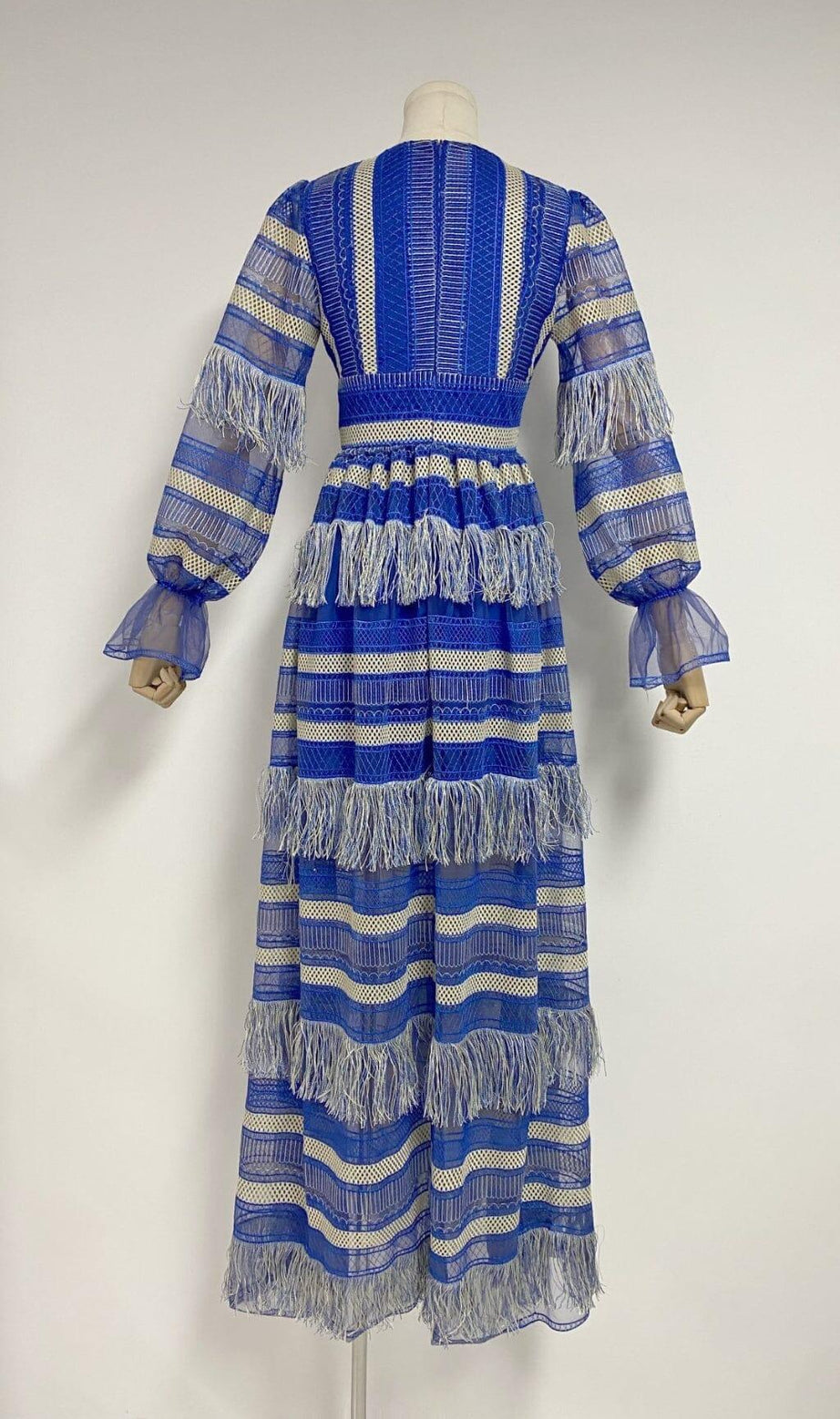 DEEP V TASSEL BLOUSON SLEEVES MAXI DRESS IN BLUE