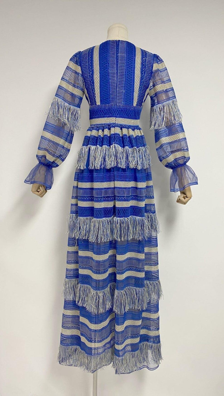 DEEP V TASSEL BLOUSON SLEEVES MAXI DRESS IN BLUE