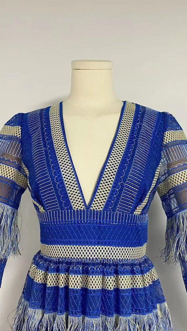 AIIZIE DEEP V TASSEL BLOUSON SLEEVES MAXI DRESS IN BLUE - product image