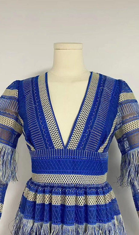 DEEP V TASSEL BLOUSON SLEEVES MAXI DRESS IN BLUE