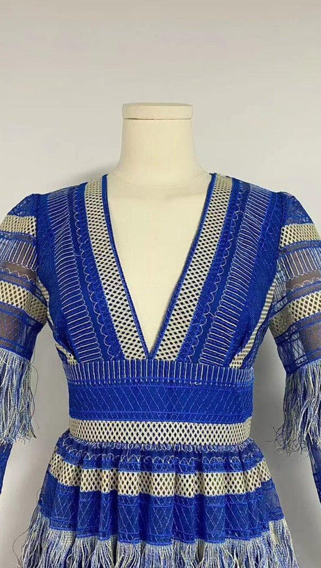 DEEP V TASSEL BLOUSON SLEEVES MAXI DRESS IN BLUE