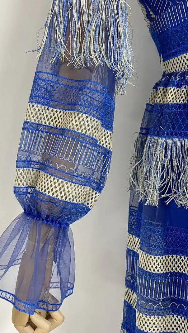AIIZIE DEEP V TASSEL BLOUSON SLEEVES MAXI DRESS IN BLUE - product image
