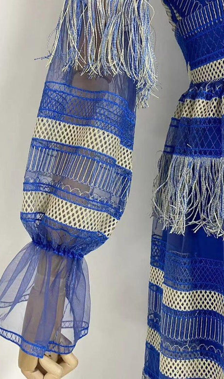 DEEP V TASSEL BLOUSON SLEEVES MAXI DRESS IN BLUE