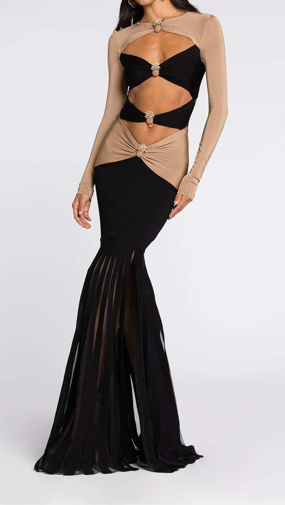 EMBELLISHED CUTOUT MAXI DRESS IN SEMI