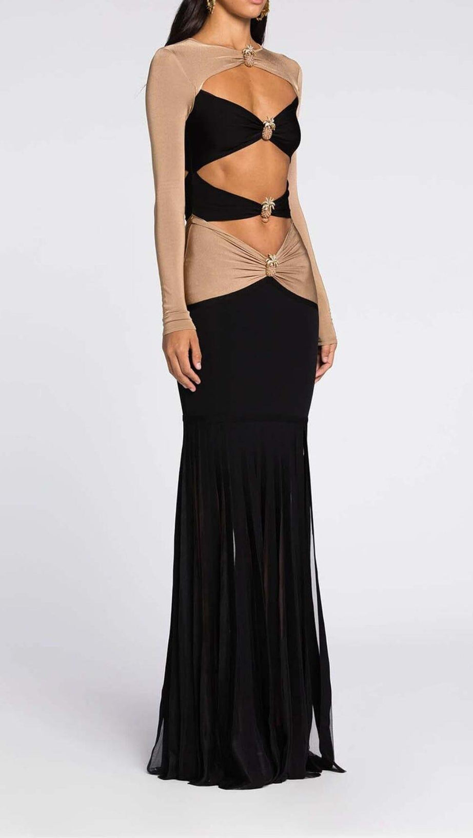 EMBELLISHED CUTOUT MAXI DRESS IN SEMI