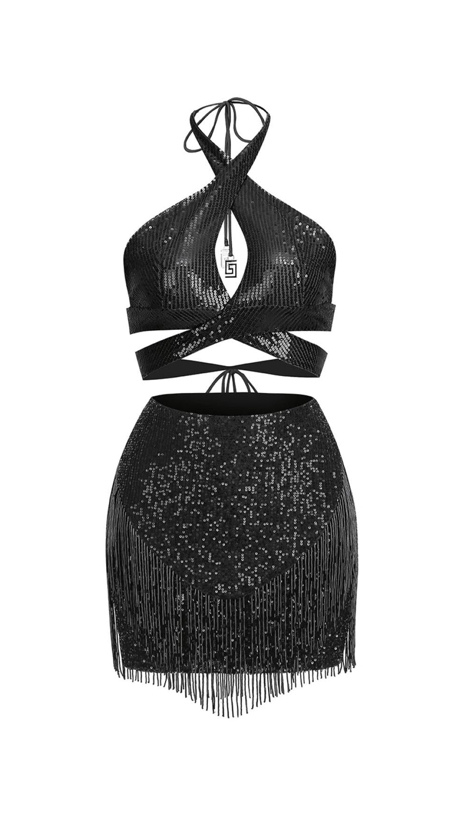 SEQUIN TASSEL BACKLESS MINI DRESS IN BLACK AIIZIE SEQUIN TASSEL BACKLESS MINI DRESS IN BLACK AIIZIE