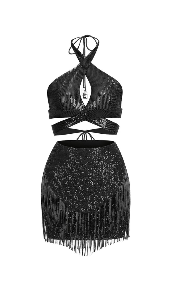 SEQUIN TASSEL BACKLESS MINI DRESS IN BLACK