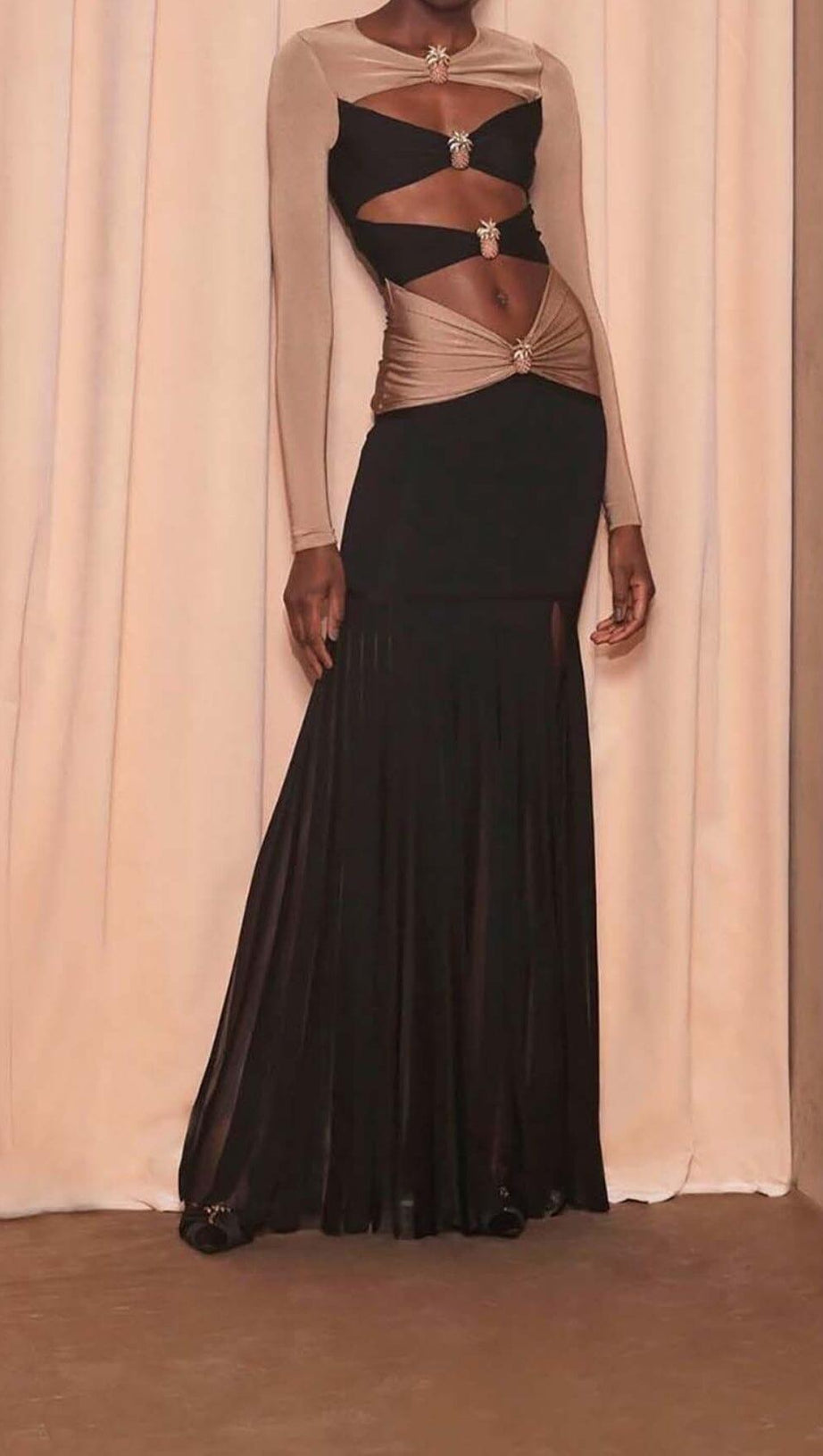 EMBELLISHED CUTOUT MAXI DRESS IN SEMI