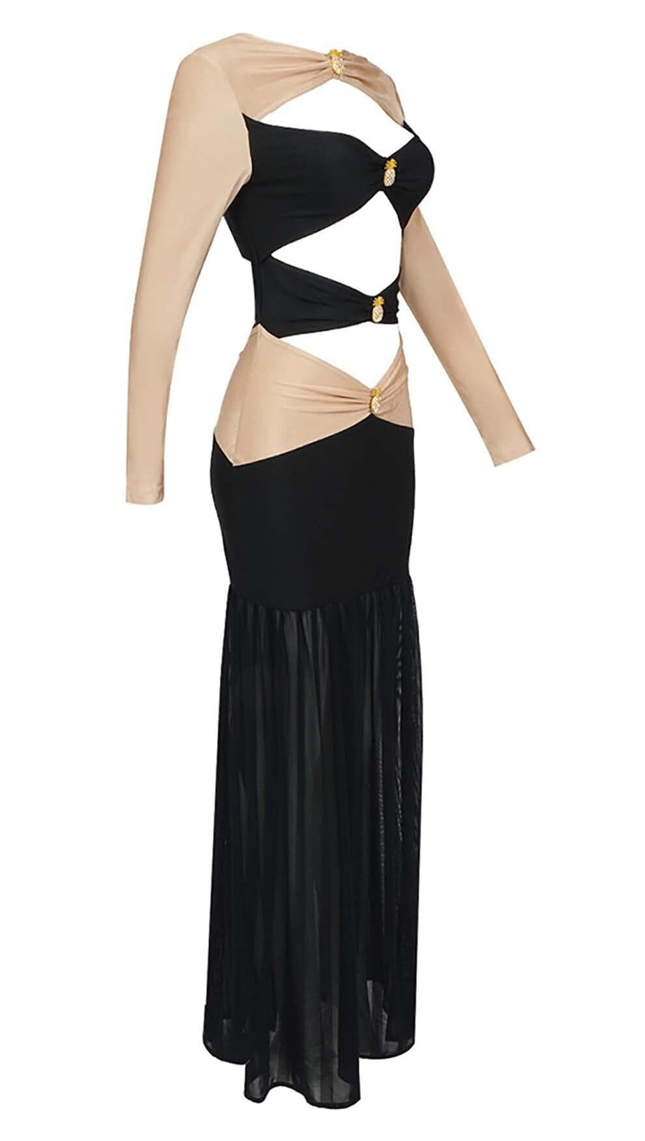 EMBELLISHED CUTOUT MAXI DRESS IN SEMI