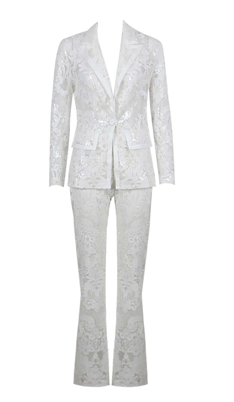 EMBROIDERED LACE MESH JACKET SUIT IN WHITE