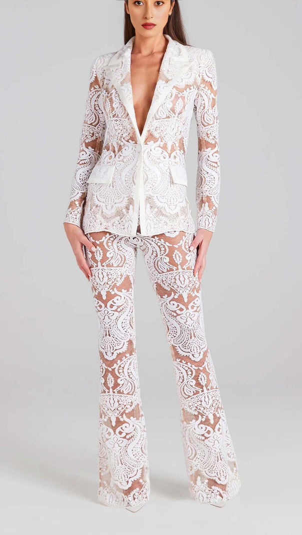 AIIZIE EMBROIDERED LACE MESH JACKET SUIT IN WHITE - product image