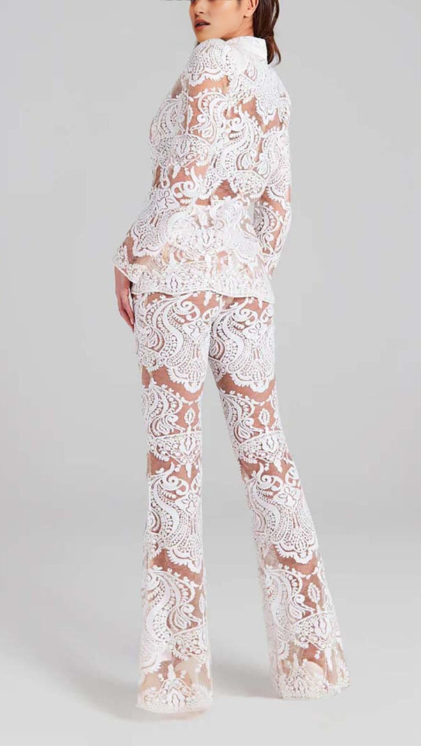 AIIZIE EMBROIDERED LACE MESH JACKET SUIT IN WHITE - product image