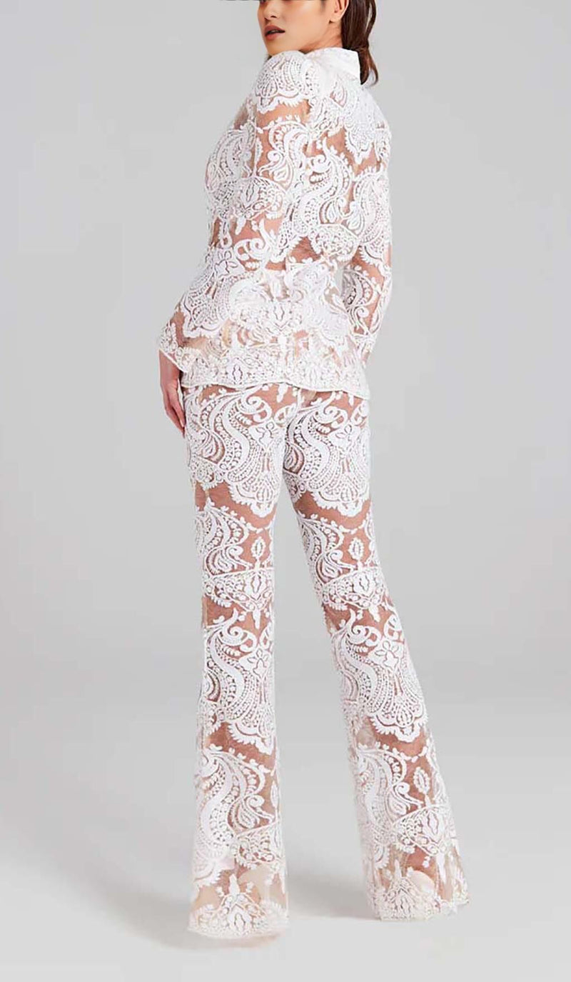 EMBROIDERED LACE MESH JACKET SUIT IN WHITE