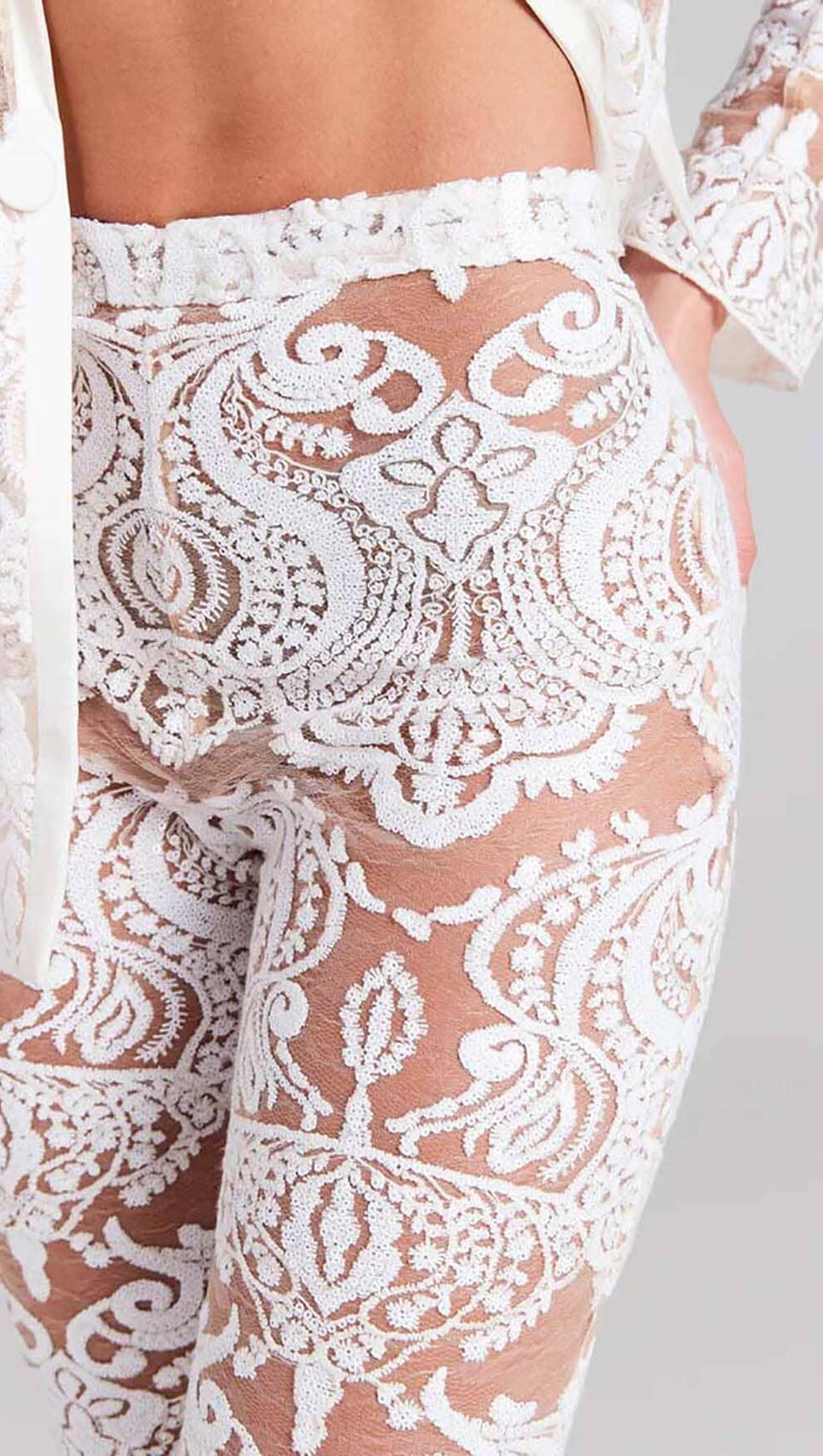 EMBROIDERED LACE MESH JACKET SUIT IN WHITE