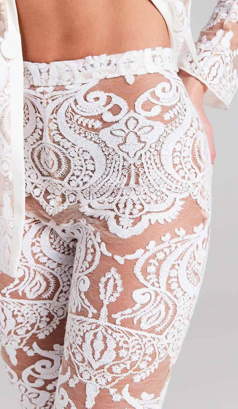 EMBROIDERED LACE MESH JACKET SUIT IN WHITE