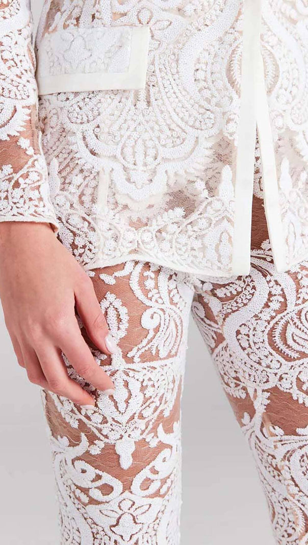 AIIZIE EMBROIDERED LACE MESH JACKET SUIT IN WHITE - product image