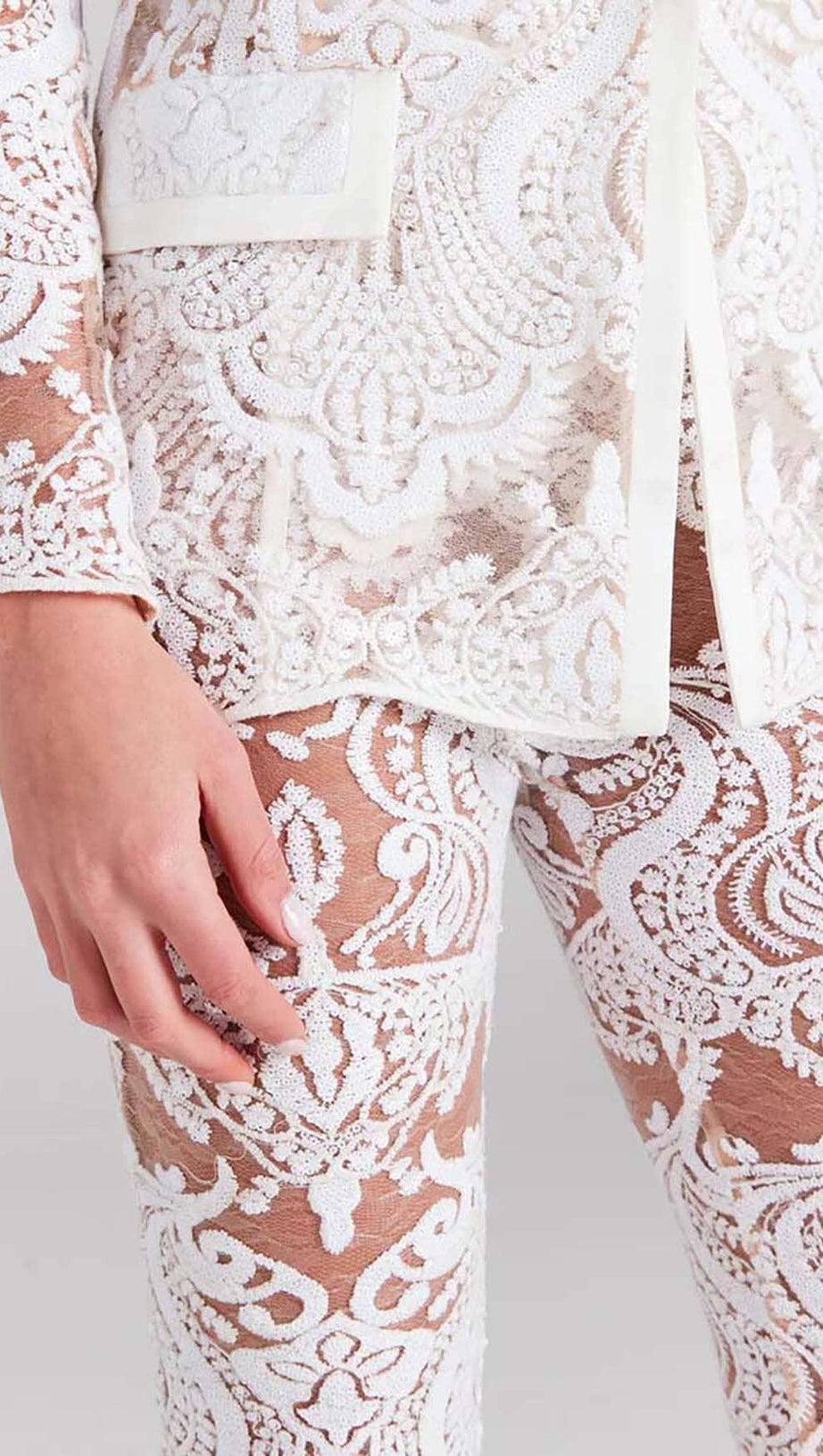 EMBROIDERED LACE MESH JACKET SUIT IN WHITE