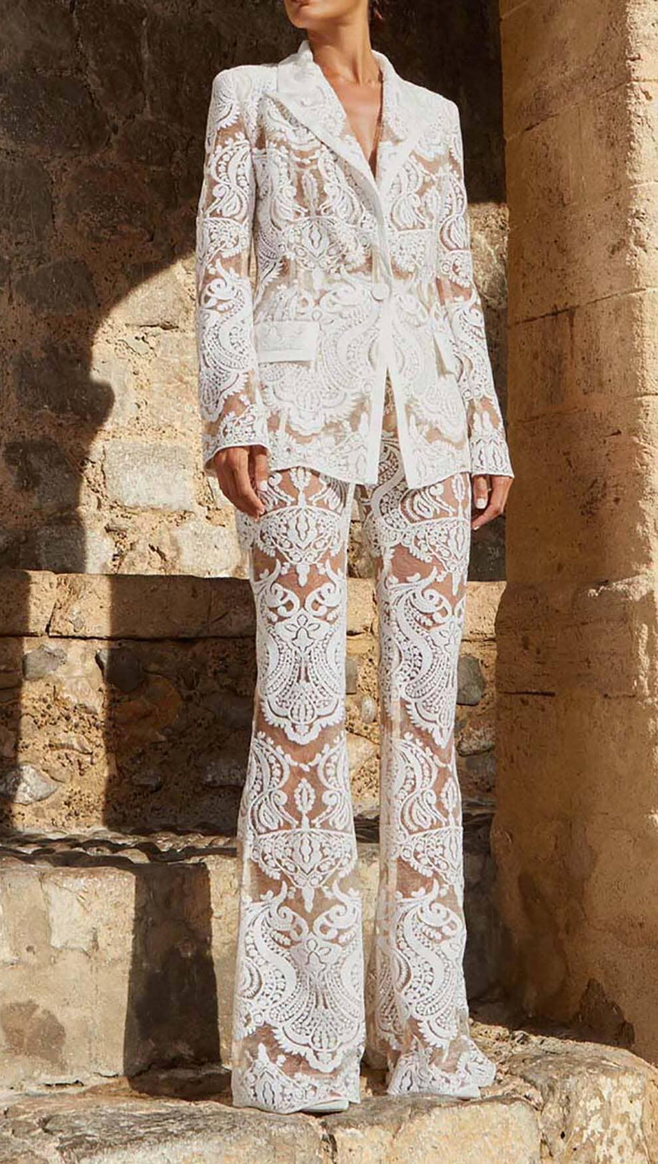 EMBROIDERED LACE MESH JACKET SUIT IN WHITE