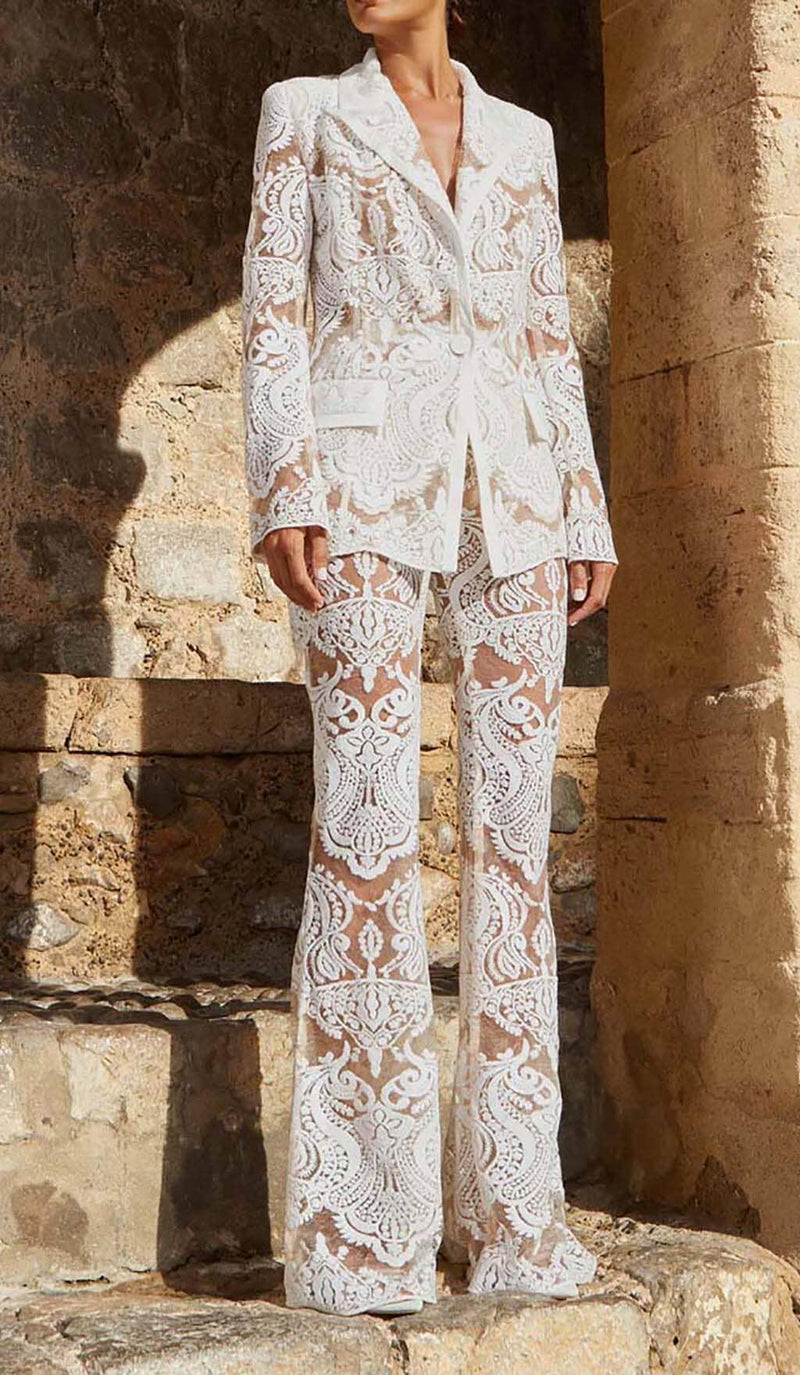 EMBROIDERED LACE MESH JACKET SUIT IN WHITE