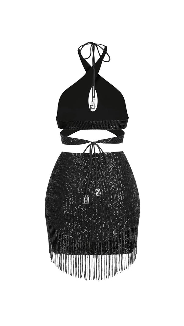AIIZIE SEQUIN TASSEL BACKLESS MINI DRESS IN BLACK - product image