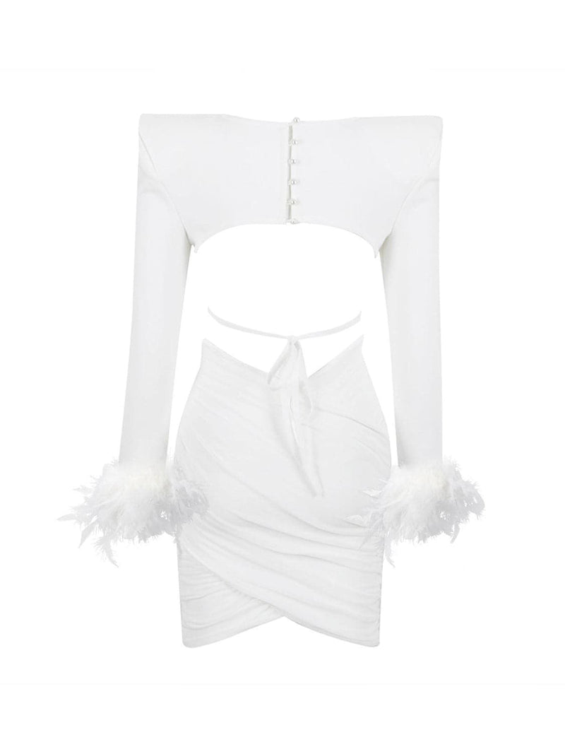 Fauna Long Sleeve Feather Mesh Bandage Set In White