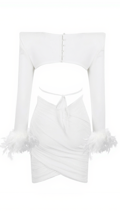 FAUNA SET DI BENDAGGI IN RETE DI PIUME A MANICHE LUNGHE IN BIANCO