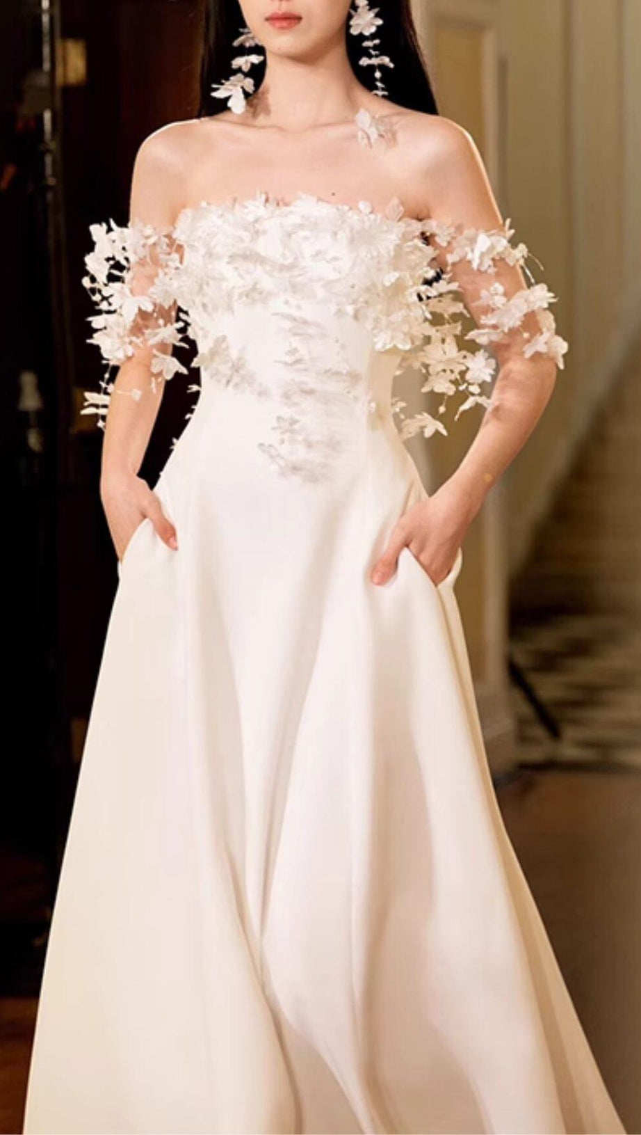 FLORAL 3D APPLIQUÉS SATIN MAXI DRESS