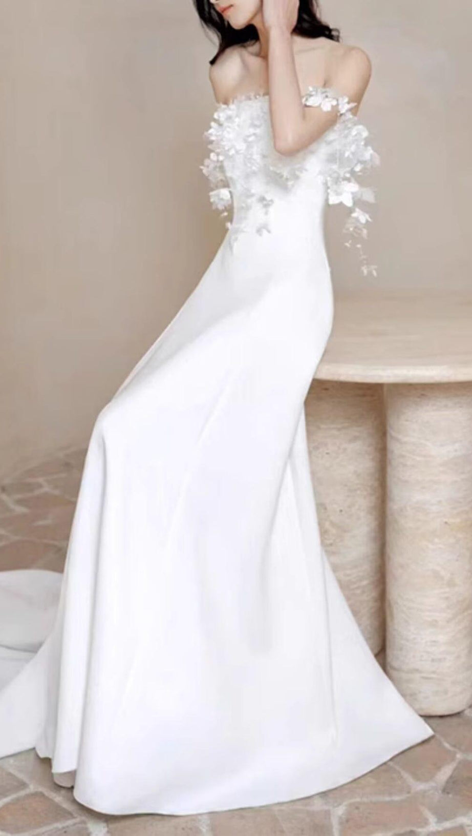 FLORAL 3D APPLIQUÉS SATIN MAXI DRESS