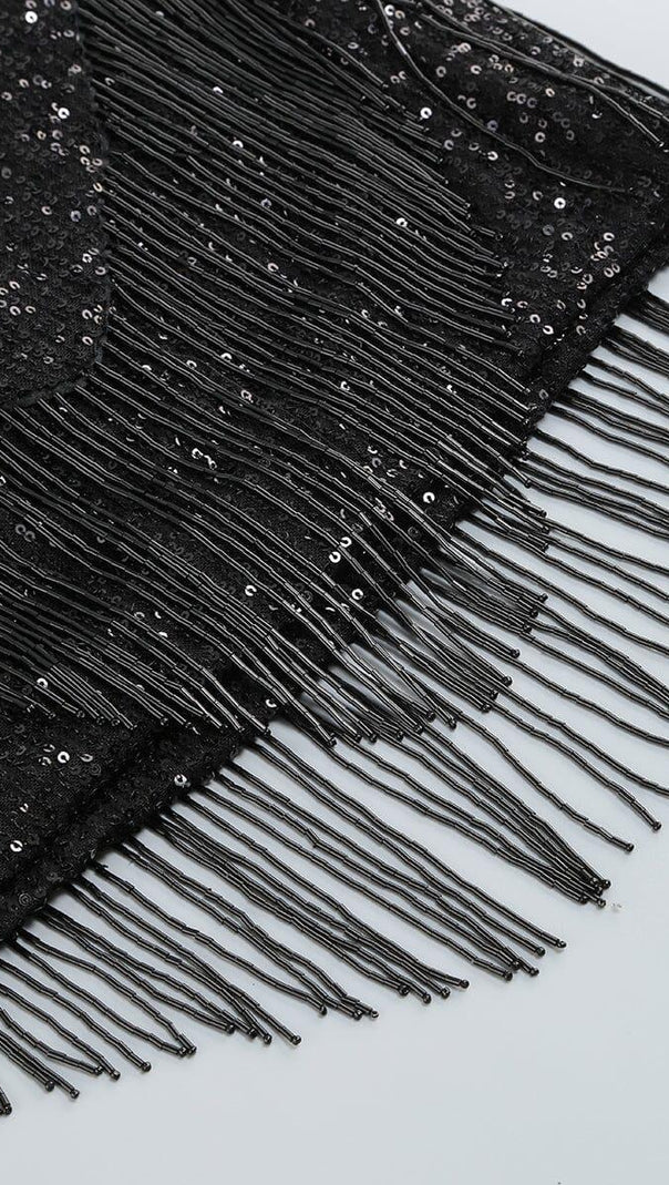 AIIZIE SEQUIN TASSEL BACKLESS MINI DRESS IN BLACK - product image