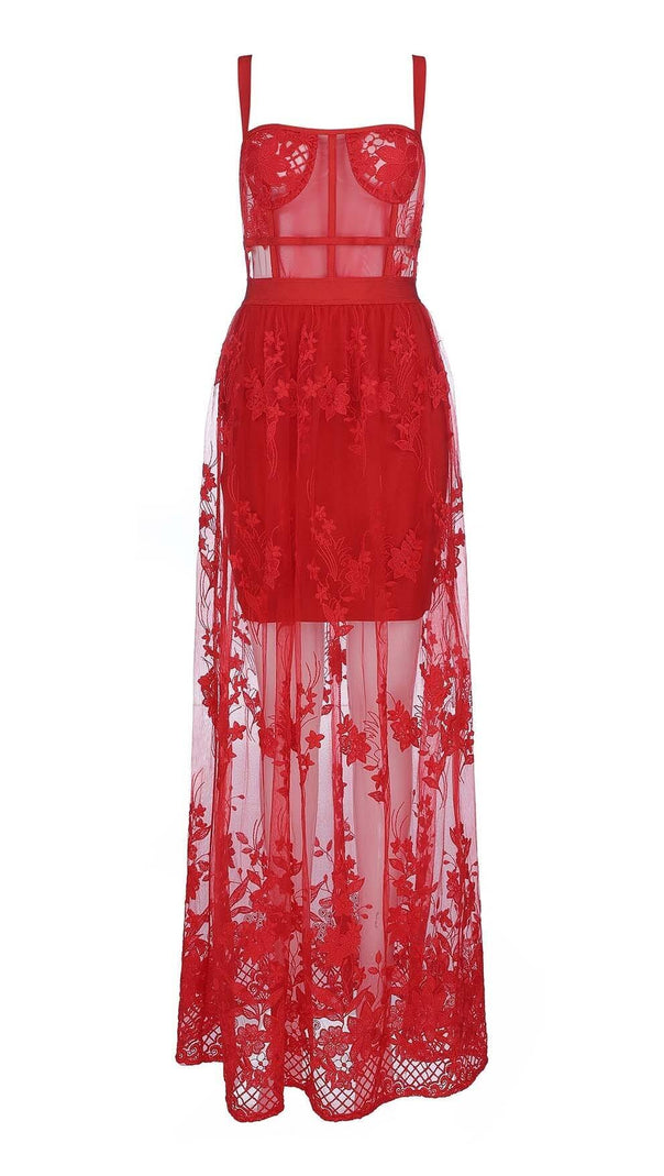 AIIZIE FLORAL CORSET LACE MAIX DRESS IN RED - product image