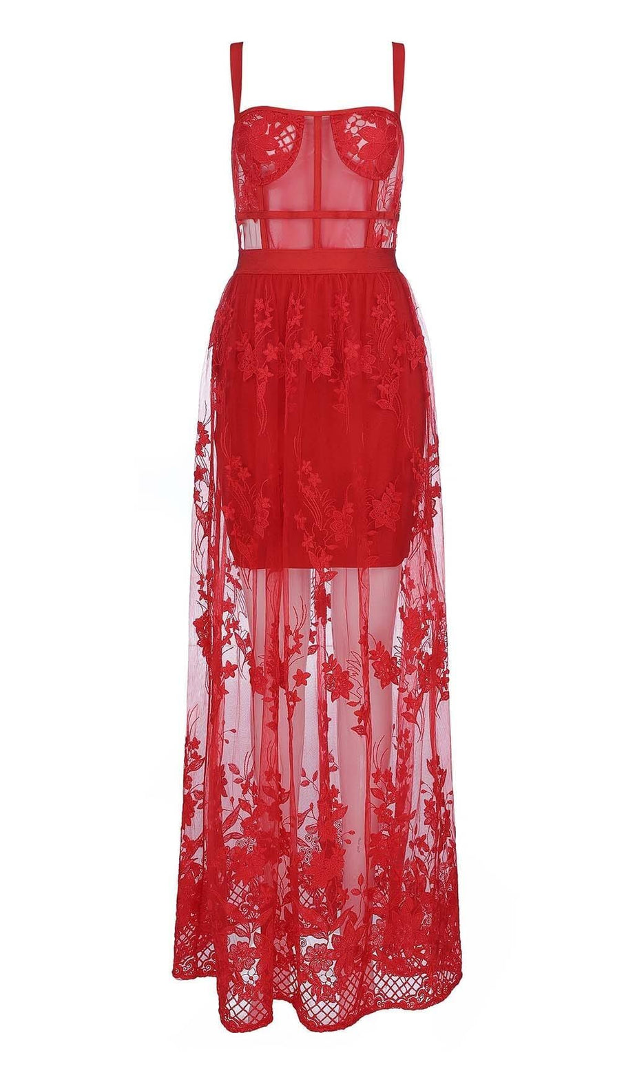 MAIX-KLEID AUS BLUMENKORSETTSPITZE IN ROT