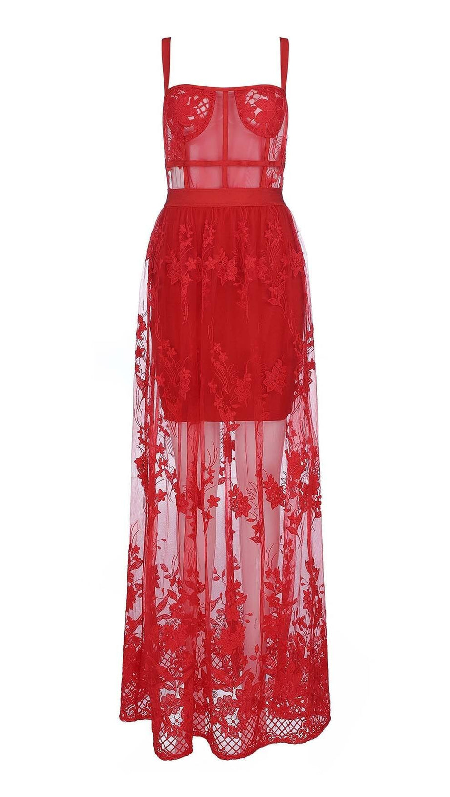 MAIX-KLEID AUS BLUMENKORSETTSPITZE IN ROT
