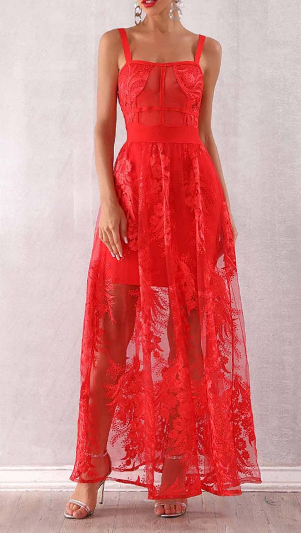 AIIZIE FLORAL CORSET LACE MAIX DRESS IN RED - product image