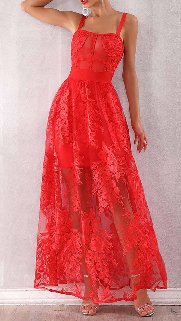 AIIZIE FLORAL CORSET LACE MAIX DRESS IN RED - product image