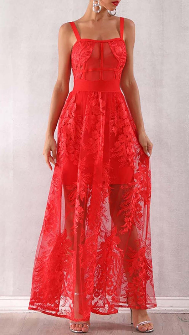 AIIZIE FLORAL CORSET LACE MAIX DRESS IN RED - product image