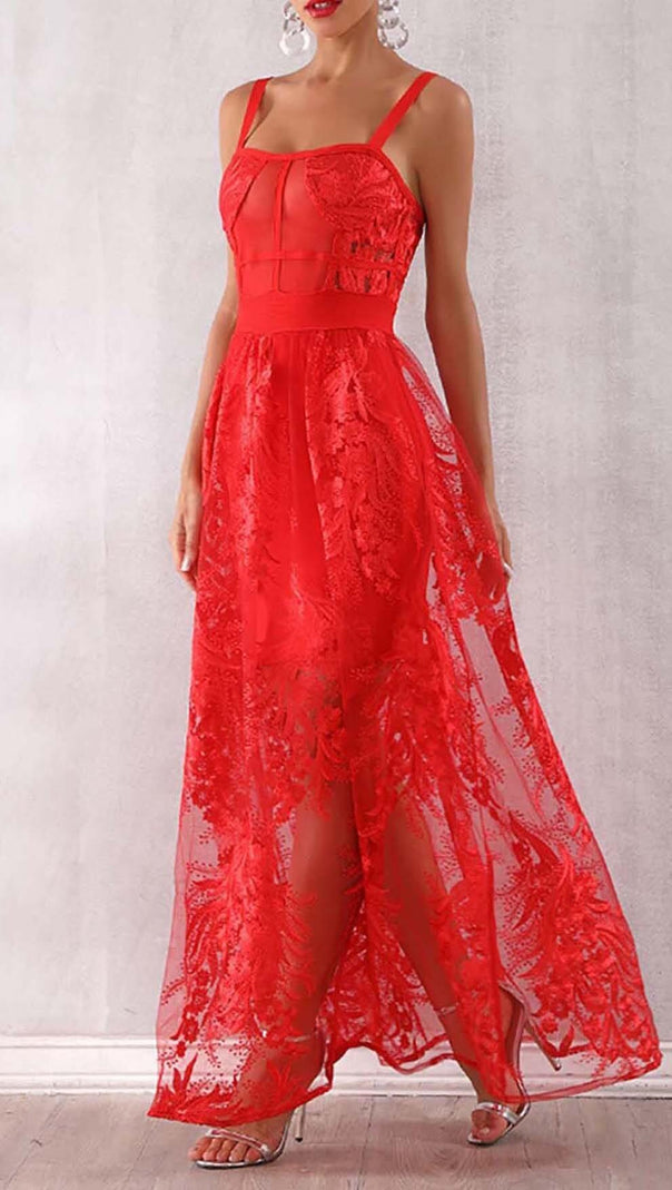 AIIZIE FLORAL CORSET LACE MAIX DRESS IN RED - product image