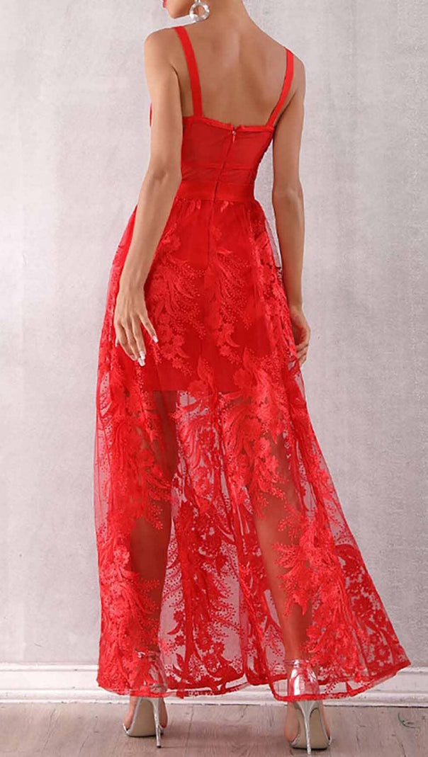 AIIZIE FLORAL CORSET LACE MAIX DRESS IN RED - product image