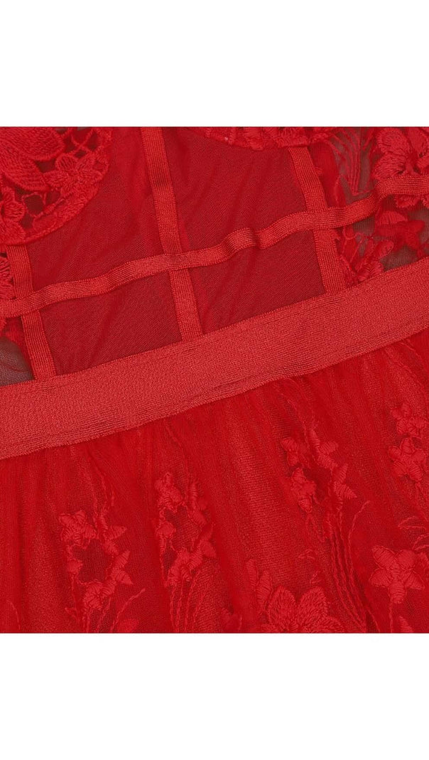 MAIX-KLEID AUS BLUMENKORSETTSPITZE IN ROT