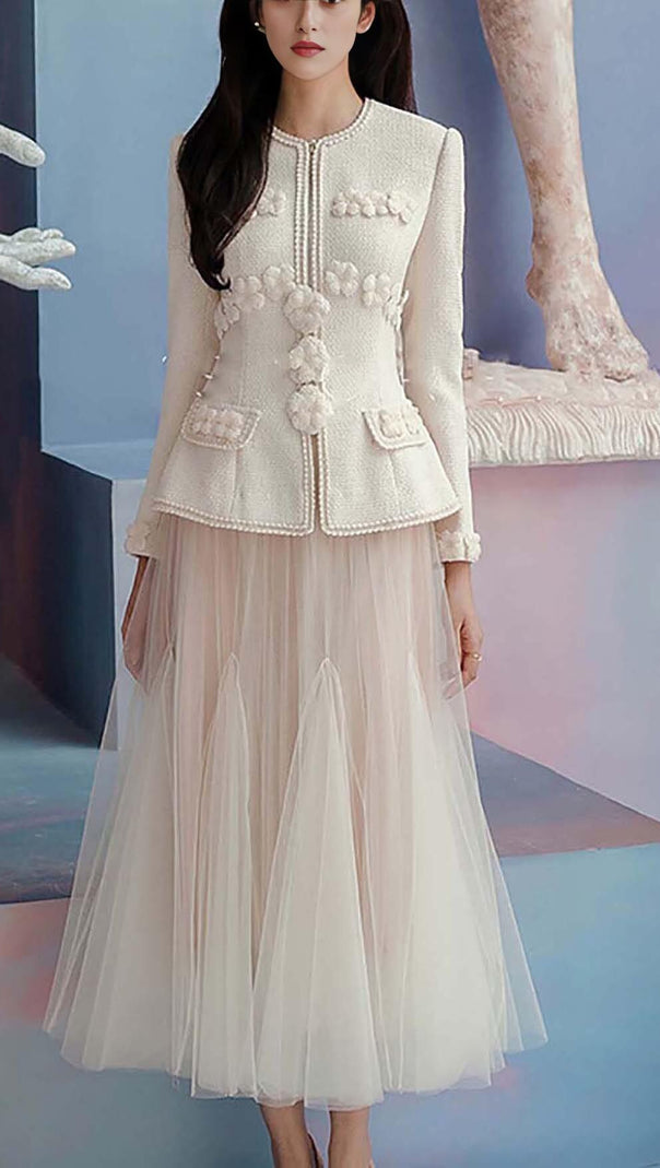 AIIZIE FLORAL EMBELLISHED DRAPED TWO PIECE SET IN BEIGE - product image