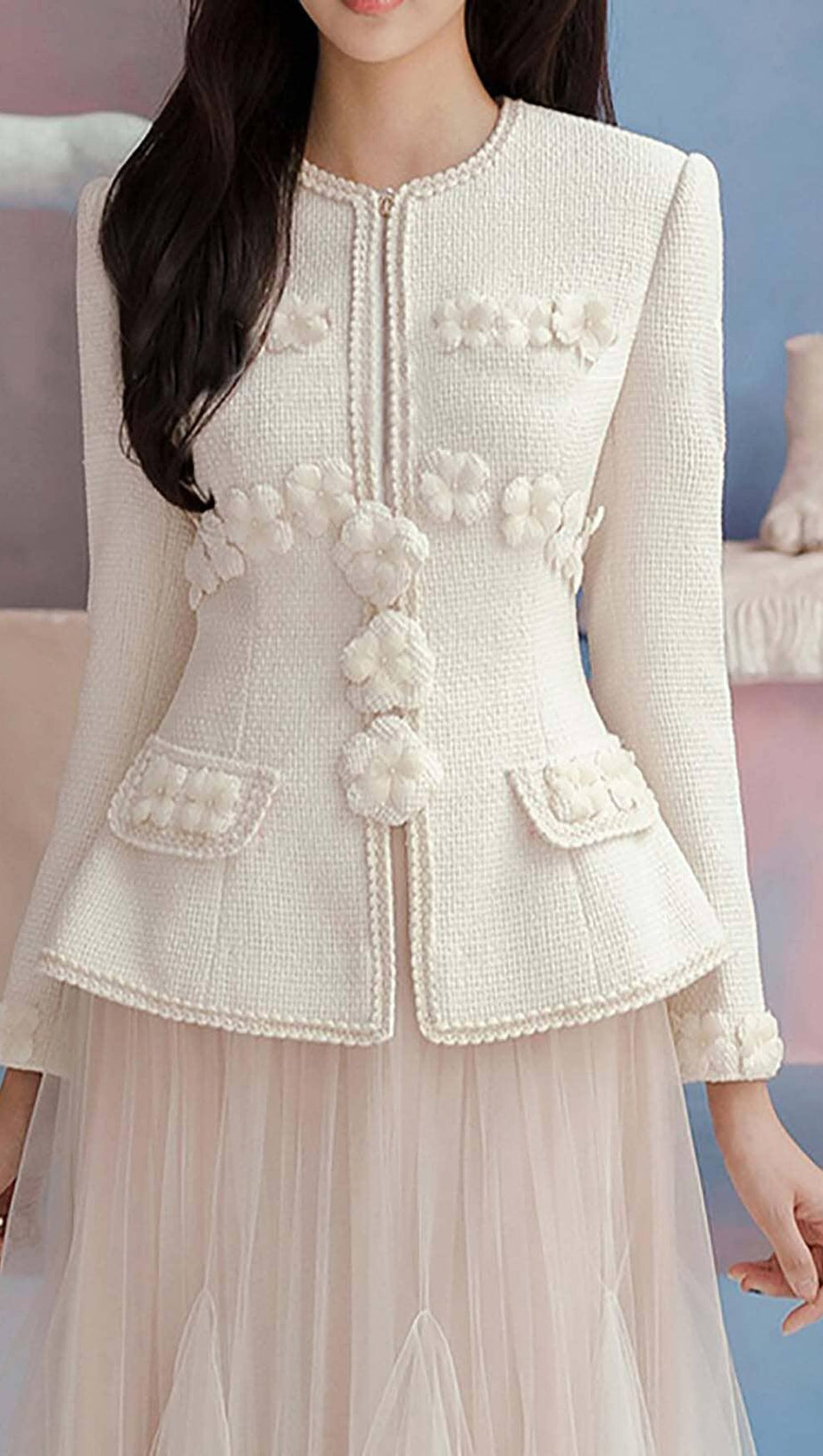 FLORAL EMBELLISHED DRAPED TWO PIECE SET IN BEIGE