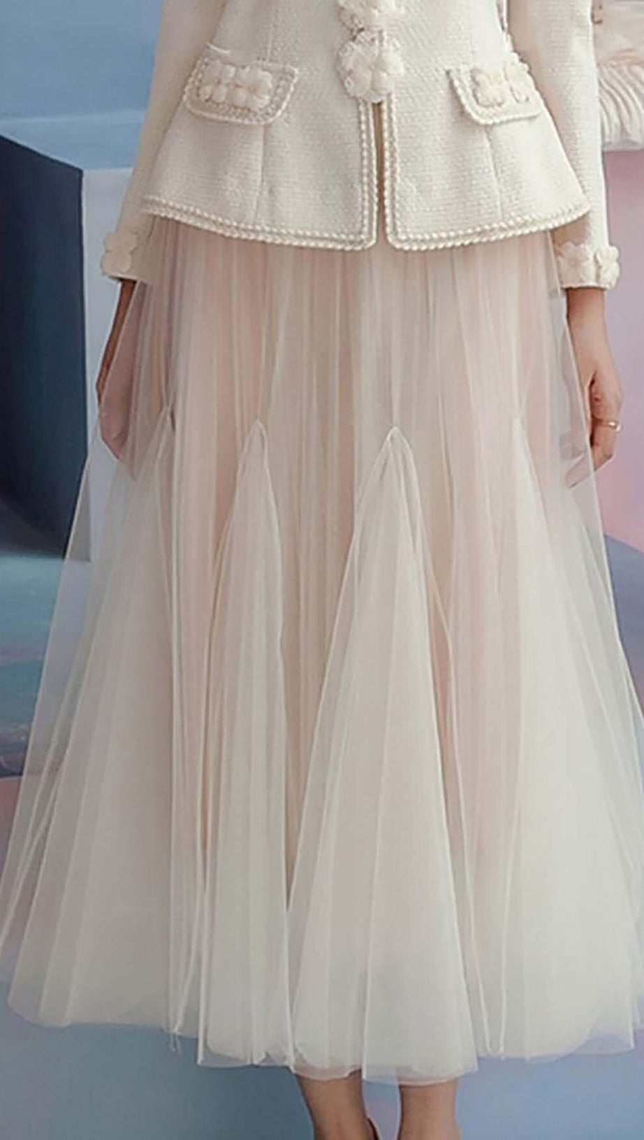 FLORAL EMBELLISHED DRAPED TWO PIECE SET IN BEIGE