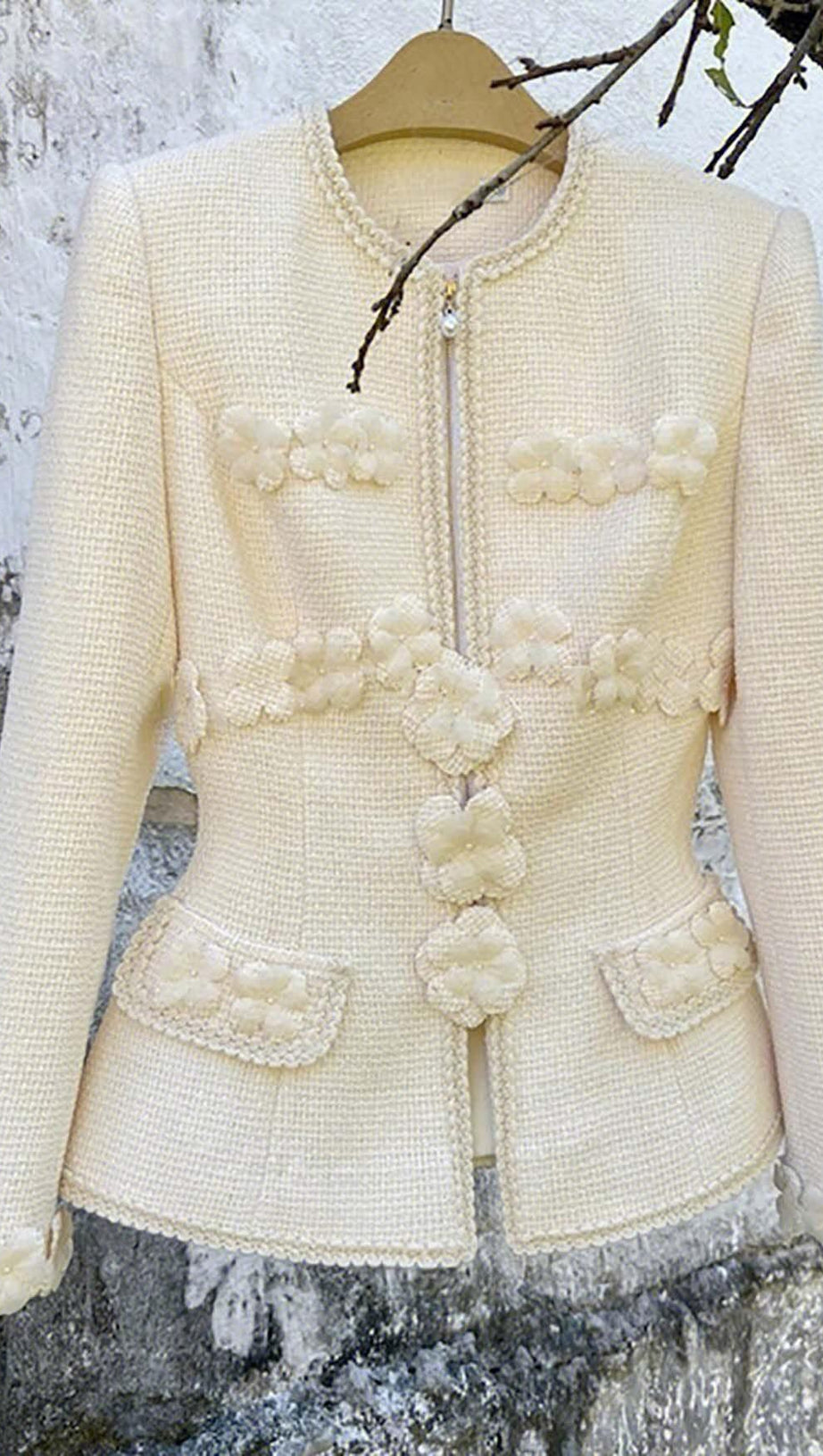 FLORAL EMBELLISHED DRAPED TWO PIECE SET IN BEIGE