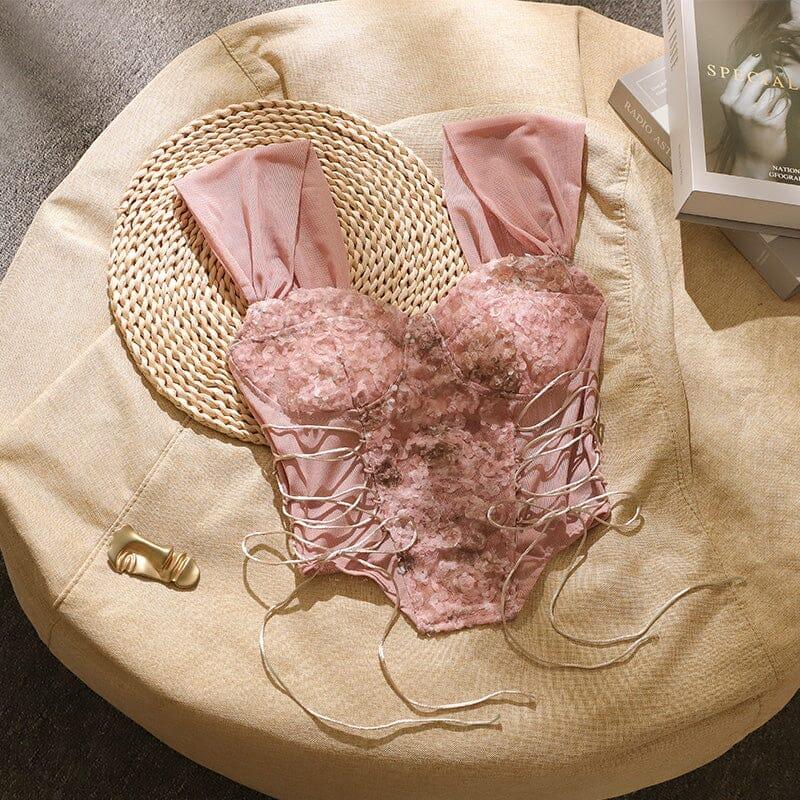 TOP CORSETTO CON LACCI E RICAMI FLOREALI