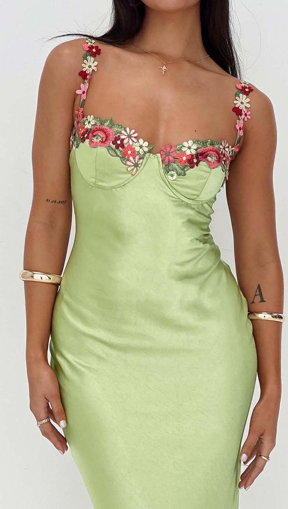 MINI ABITO IN RASO CON SPALLINE FLOREALI