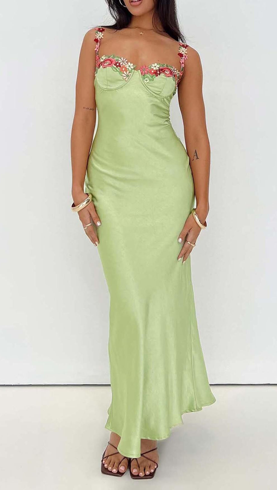 MINI ABITO IN RASO CON SPALLINE FLOREALI