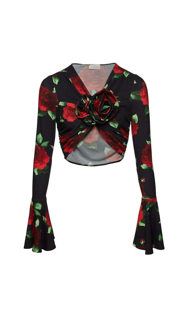 FLORAL-PRINT CROP TOP IN BLACK